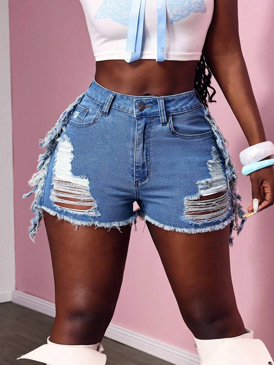Slaydiva Women Distressed Denim Cutoff Shorts With Slant Pockets, Summer - Blue - View 1