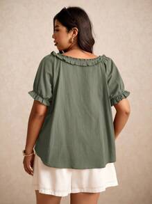 Elaquor 大码女式夏季纯色荷叶边泡泡袖衬衫 - 薄荷綠 - 查看 5