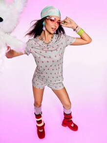 Notgurli 2PCS Women's Casual Cherry Print Pajama Set Sleepwear Nightwear - Grey - View 4