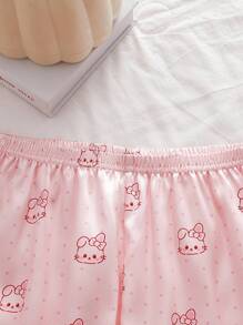 Teen Girls Pink Cartoon Kitten Print Silk Pajamas Set,Cute Summer Short Sleeve Top&Shorts With Headband,Family Matching Holiday Home Outfit Pjs Set - Pink - View 5