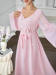 Yasmyna V-Neck Embroidered Floral Beads Ruffle Sleeve Swing Arabic Style Dress, Spring/Summer Pearl Kaftan Kaftan Dress - Pink - View 7