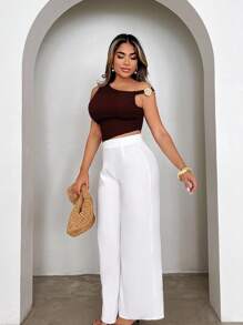 Xyvia 女士时尚金属装饰不对称衬衫，夏季 - 咖啡棕 - 查看 3