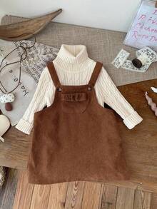 SHEIN LMoss Kids LMoss 女婴可爱粉色灯芯绒连体衣，适合秋冬季 - 棕色 - 查看 9