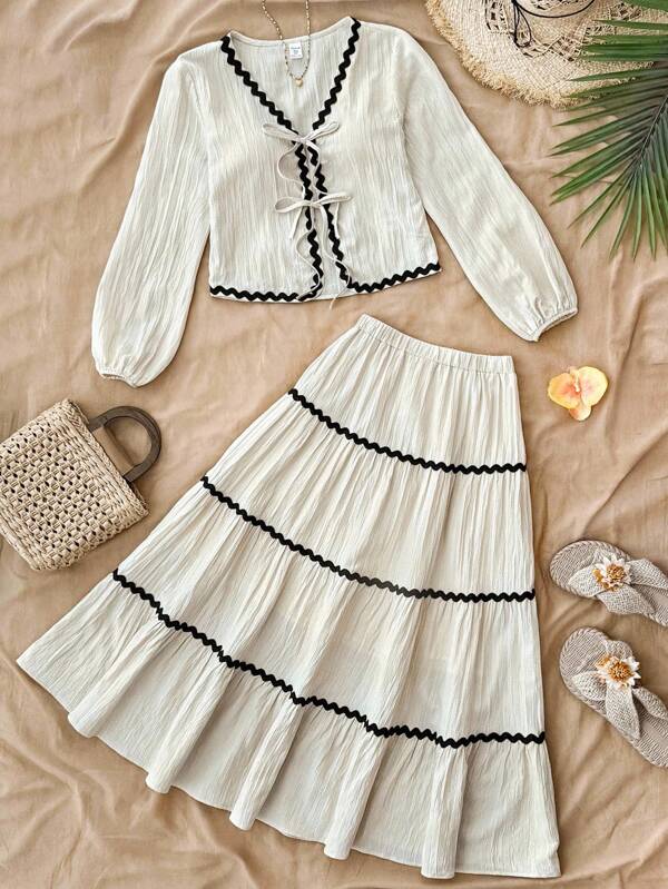 SHEIN Teen Girls Shirt Co-Ords 2pcs/Set Elegant French-Style Lantern Sleeve Ruffled Bowknot Dress & Skirt