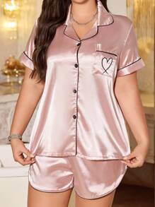 MuseNap CURVE Satin Pajama Set Plus Size Heart Embroidered Pocket Shirt And Shorts Pajama Set, Elastic Fabric - Baby Pink - View 6