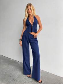 Aloruh Damen Sommer Sexy minimalistisches Outfit mit tief ausgeschnittenem Rückenfreiem Träger Top und gerader Hose 2 Stücke Set