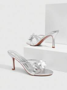 CUCCOO SZL Women's Silver Metallic PU Floral Decor Fashion Sexy Nightclub Elegant Strap Open Toe High Heel Mules - Silver - View 10