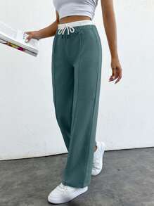SHEIN PETITE Pantalones rectos de cintura con contraste de color versátil informal