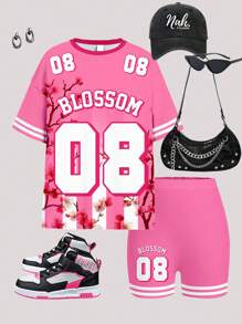 SHEIN Set casual in jersey per ragazze adolescenti, divisa sportiva da corsa, numero 08 e stampa floreale, t-shirt minimale a maniche corte morbida e pantaloncini corti da ciclista, per l'estate