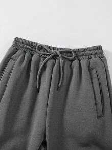 SHEIN Explorewe Tween Boys' Solid Color Waist Tie Basic Casual Thermal Lined Joggers Chic Outfits For Autumn/Winter - Dark Grey - View 5