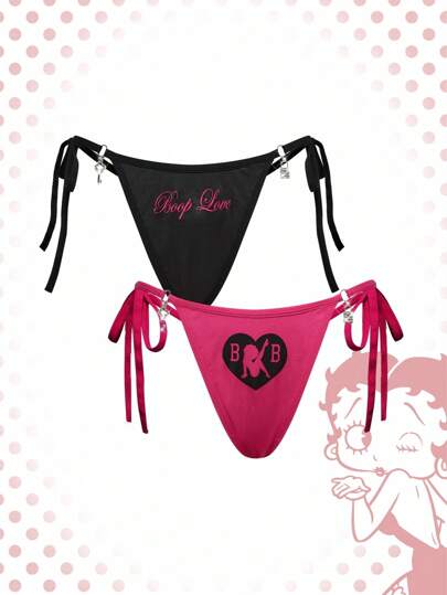 Betty Boop | ROMWE 2 pièces String côté attaché avec graphique de lettre et chiffre pour femmes