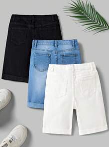 SHEIN 3条装 青少年男童百搭休闲牛仔短裤，夏季儿童牛仔短裤，儿童运动短裤，适合学校、校园、大学穿着