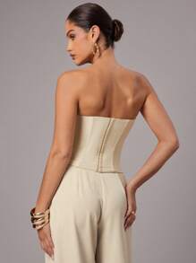 Silquee 女士夏季纯米色抹胸上衣，修身时尚露脐双层拉绒后背衬里，高端上衣，适合办公室、商务休闲、约会等场合穿着，百搭上衣，束身胸衣，无肩带上衣，抹胸上衣 - 米色 - 查看 2