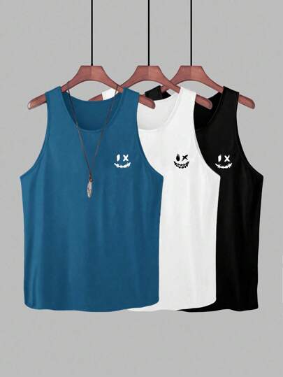 SHEIN 3pcs/Set Tween Boys Casual Street Style Cute Pattern Crew Neck Tank Top, Suitable For Commute, School, Leisure, Sports, Spring/Summer