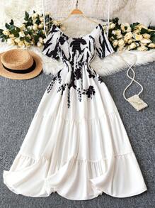 DreamSkyne Plus Size Women's Summer Graceful Off Shoulder Ruched Elastic Waist Slimming Flowy Colorful Printed Hem Dress, Versatile Beach Vacation Style - Multicolor - View 3