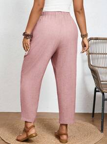 Elaquor Plus Size Solid Color Casual Trousers With Elastic Waist And Diagonal Pockets - Dusty Pink - View 7
