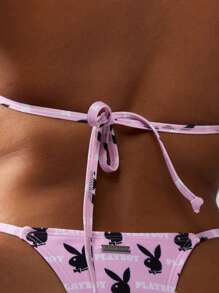 Missguided x Playboy 三角比基尼经典兔子印花夏季海滩度假高腰可调节肩带泳衣 - 彩色 - 查看 4