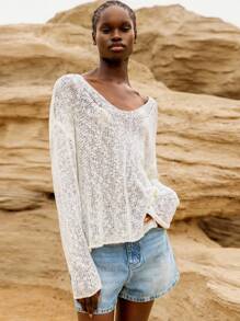 Lumivelle Women's Casual Simple Solid Color Deep V-Neck Drop Shoulder Long Sleeve Loose Knit Sweater, Spring/Summer Knit Pullover Fall Winter - Apricot - View 5