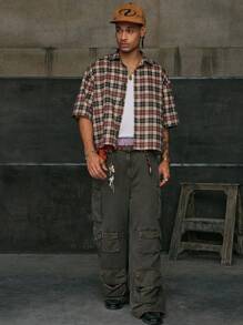 AXEPEAK 男士宽松翻领短袖格子衬衫，emo - 棕色 - 查看 5