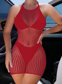 Swim SXY Women's Solid Color Hollow Halter Vacation Mini Slip Dress For Summer - Red - View 5