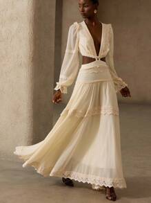 Aveloria Rosie French Romantic Heavy Lace Decor Exposed Waist Dress, Chiffon Lightweight Elegant Flared Skirt Long Sleeve Women Long Dress