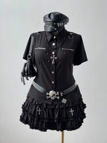 Flirla 大码女式单排扣复古工装风黑色短袖衬衫 - 黑色 - 查看 7