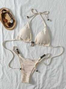 Swim SXY Bộ bikini gợi cảm đính hạt trang trí vỏ sò màu trơn cho nữ, mùa hè - Màu be - Xem 2