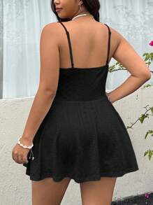 Solflare Plus Size Solid Color Jacquard Sleeveless Rompers Plus Size Summer Set Black Plus Size Swimsuit - Black - View 2