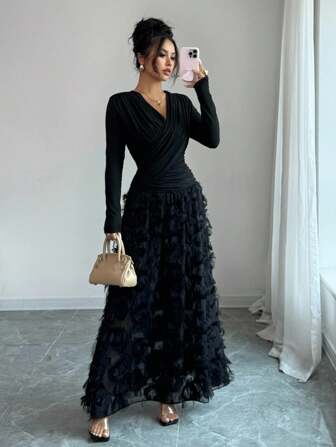 Rafferiza Elegant V-Neck Ruched Textured Patchwork Dress For Resort/Holiday Wear Fall Cloth For Women