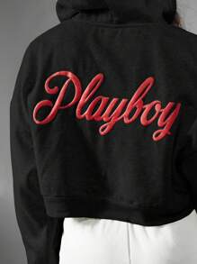 Missguided x Playboy 短款拉链连帽衫优质羊毛家居服秋冬装运动衫跑步休闲 - 黑色 - 查看 6