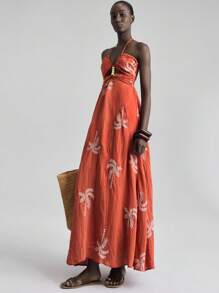 Ontre 2025秋季新款女式细肩带连衣裙，度假风格休闲无袖褶皱刺绣面料长裙，女式优雅波西米亚度假长裙 - 鏽棕色 - 查看 4