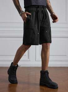 ROMWE MEN Men's Solid Color Drawstring Waist Loose Casual Shorts - Black and White - View 1