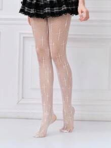 ROMWE Kawaii 2 Pairs Y2K Punk Cross Net Tights And Lace Trim Fishnet Socks Combination, Fashionable Personalized Sexy Layered Socks, Summer Music Festival Dress Accessory - White - View 3