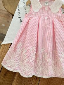 SHEIN LMoss Kids 女婴可爱休闲夏季条纹刺绣彼得潘领连衣裙 - 粉色 - 查看 5