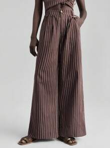 Ontre 2025 Autumn/Winter Women's Clothing, Fall/Winter Women's Wear, Back To School, Halloween, Christmas, Business Casual, Retro Dignified Elegant Versatile Outfit, Basic Apparel: Nashville Apparel Striped Print V-Neck Wrap Short Sleeve Top And Pocket Pants Two Pieces Set - Brown - View 7