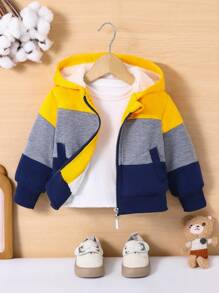 男宝宝多色拼布休闲连帽羊羔绒衬里拉链夹克 - 彩色 - 查看 1