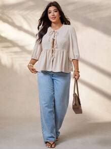 EMERY ROSE Plus Size Textured Fabric Tied Casual Elegant Blouse