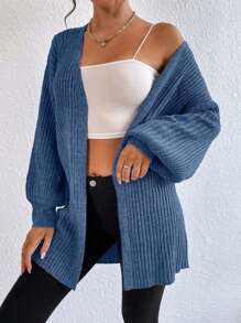 EURMUSE Chaqueta de punto informal de color liso con hombros caídos, para otoño/invierno - Azul Cadete - Ver 3