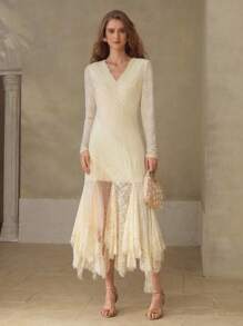MOTF PREMIUM WOMEN'S LACE EMBROIDERED PATCHWORK STRUCTURE DESIGN FISHTAIL MIDI DRESS - Apricot - View 4