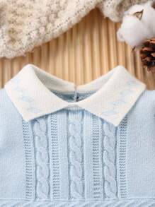 SHEIN 婴儿毛衣，新生儿男女通用高领长袖针织连脚连体衣，秋冬舒适，优雅时尚，适合室内、户外、旅行 - 藍色 - 查看 4