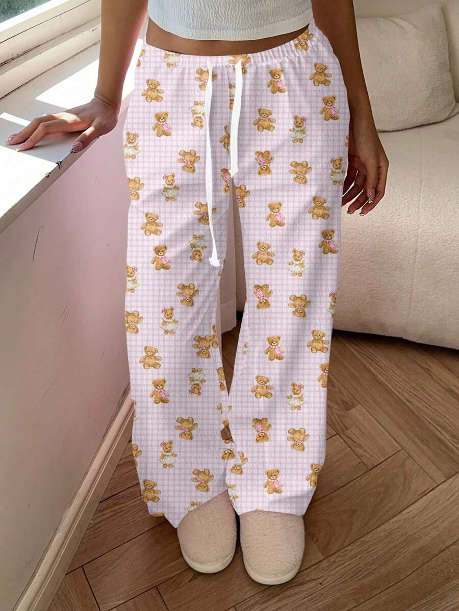 Aloruh Women Elegant Low Waist Plaid Bear Pattern Casual Pants, Comfortable For Going Out, Suitable For Summer, Spring & Summer,Fall Women Clothes - Multicolor - View 1