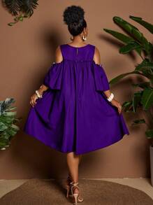 Maweii Summer Round Neck Off Shoulder Cartoon Flower Print Casual Vacation Dress - Purple - View 2