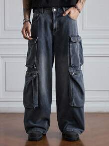 ROMWE MEN Grunge Punk Pantalones vaqueros de carga de talla grande para hombre en estilo casual lavado y suelto