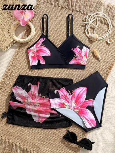 SHEIN Tween Girls 3 PiecesTropical Floral Print Bikini Sets, Black Holiday Swimsuit For Tween Girls Suitable For Summer