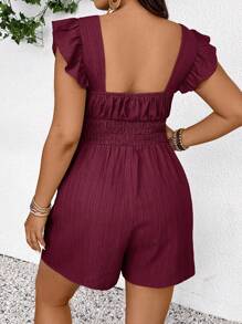 SHEIN Frenchy 大码女式夏季休闲纯色方领荷叶边袖孔连体衣 - 酒紅色 - 查看 2