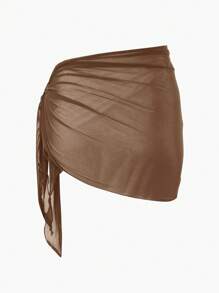 Swim Basics 纯色网眼罩裙，度假海滩 - 棕色 - 查看 2