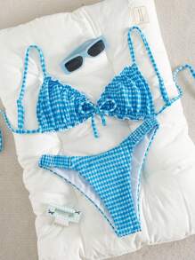 Swim Mod 2pcs Textured Fabric Ruffle Front Tie Bow Waist Pleated Cute Sweet Fashion Active Party Bikini Set Set For Summer Beach Vacation - Blue - View 2