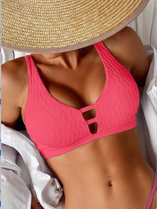 Swim Basics Deep V-Neck Solid Color Hollow Out Summer Beach Bikini Top