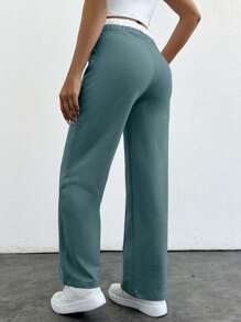 SHEIN PETITE Pantalones rectos de cintura con contraste de color versátil informal