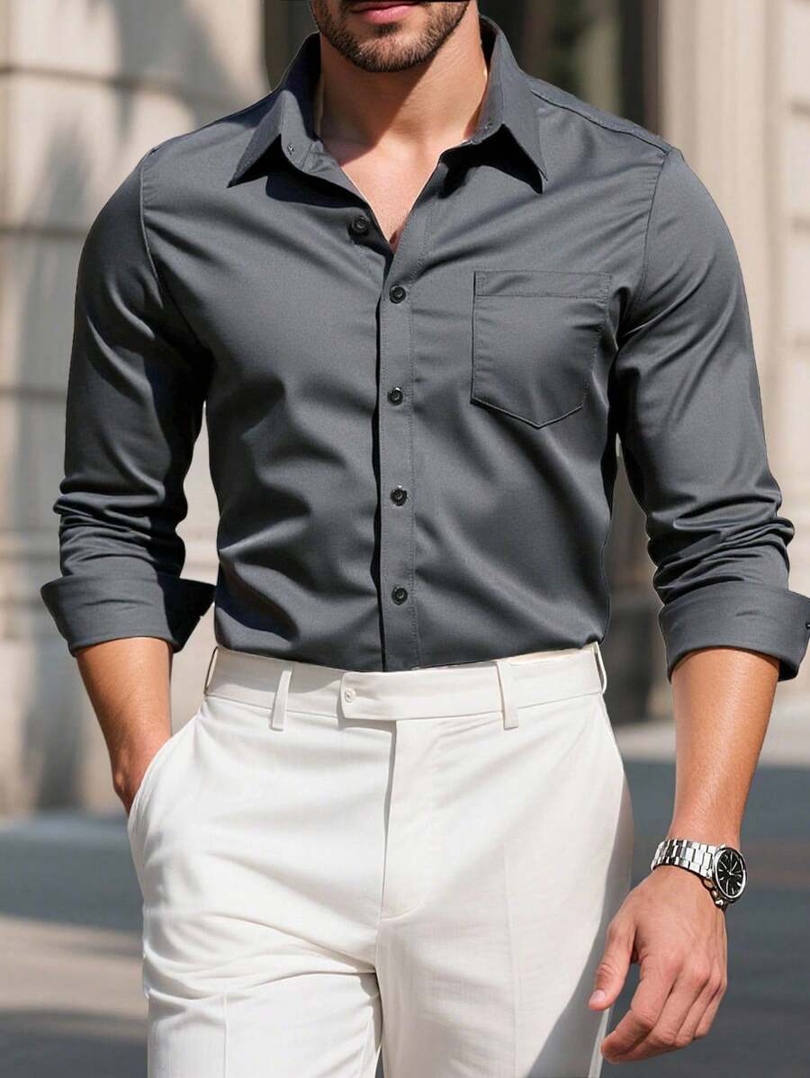 Manfinity Mode Men's Casual Versatile Solid Color Long Sleeve Shirt - Dark Grey - View 1